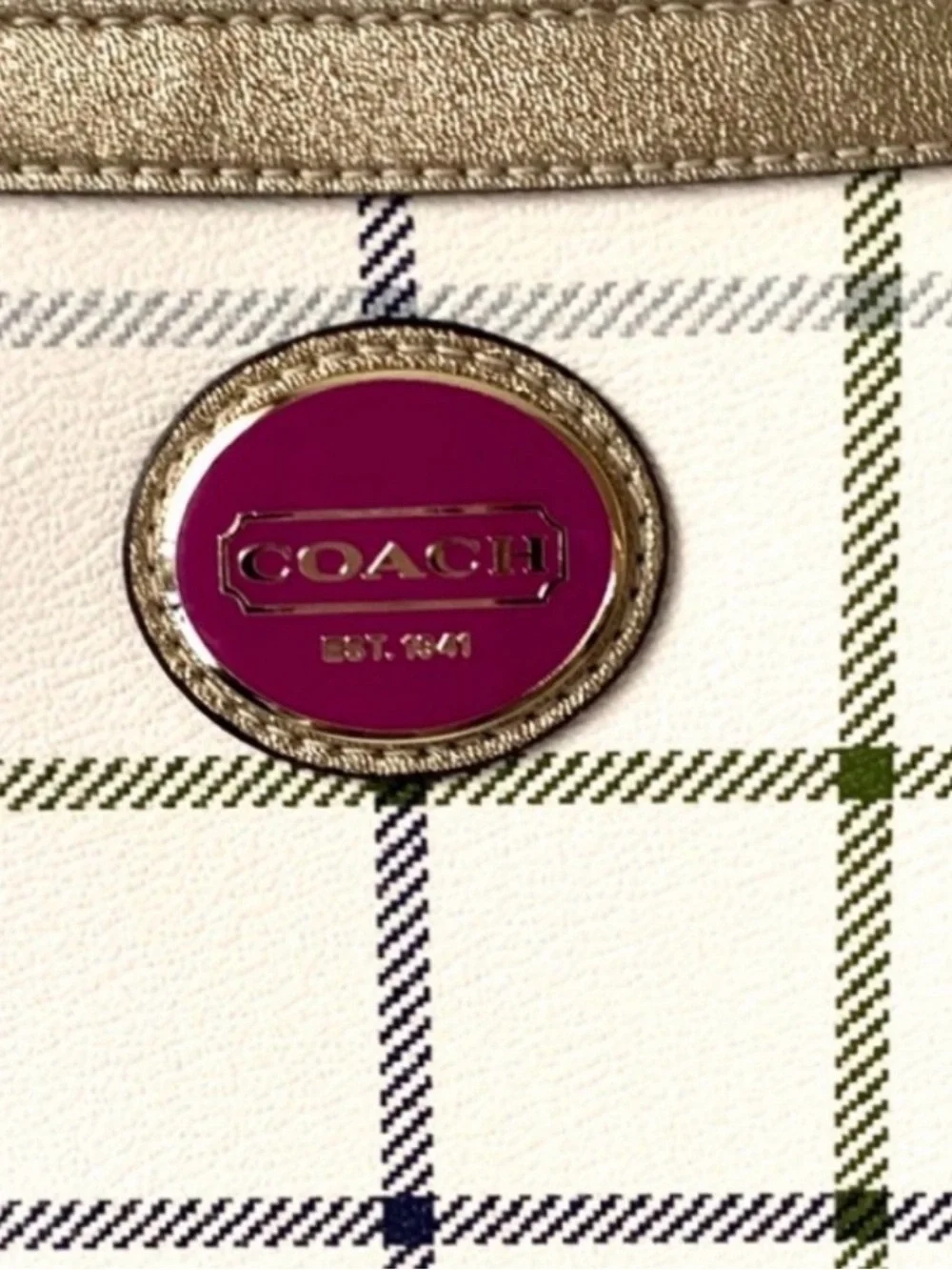 Coach Cream Plaid Crossbody with Metallic Gold Trim and Pink Logo